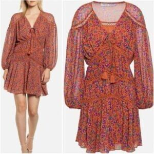 Rebecca Minkoff Mini Dress Size Medium Boho Orange Floral Blouson Sleeve Tiered